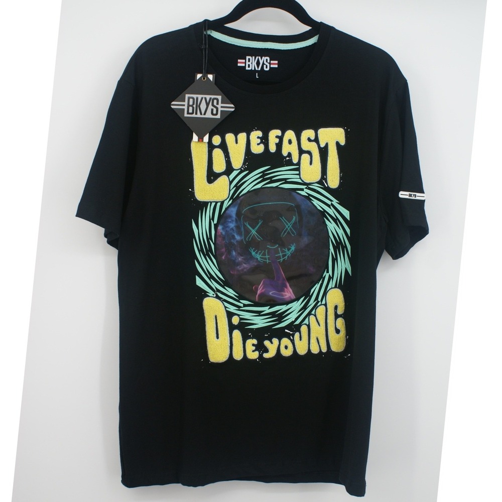 BKYS Mens Black Live Fast Die‎ Young Graphic T-Shirt T455 Size L Streetwear NEW